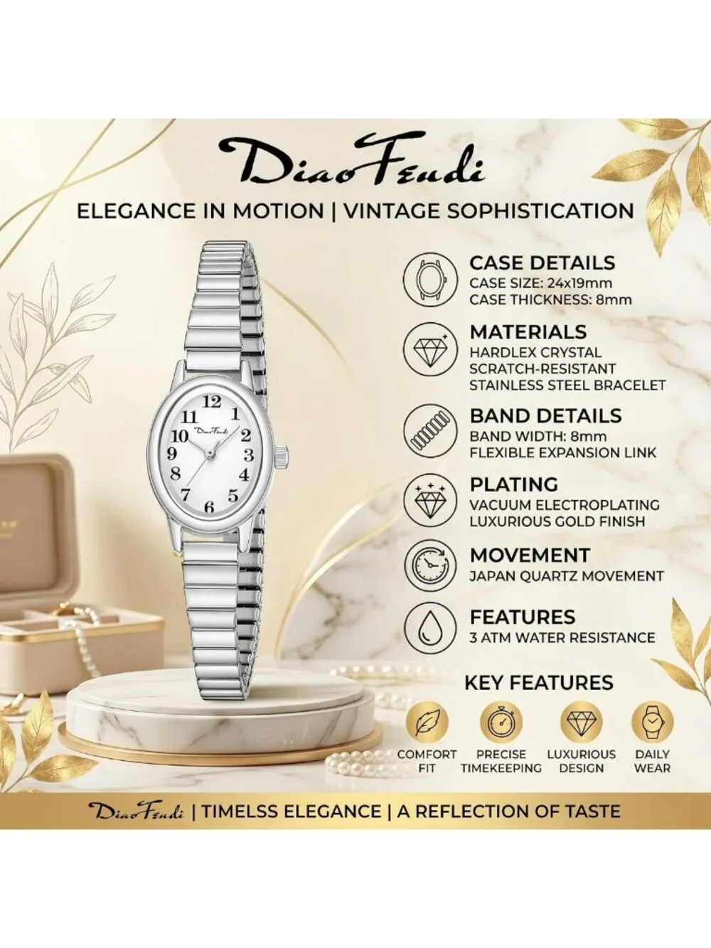 Elegant Gold Women's Watch - 3 Sizes (S/M/L), Easy Read, Water Resistant